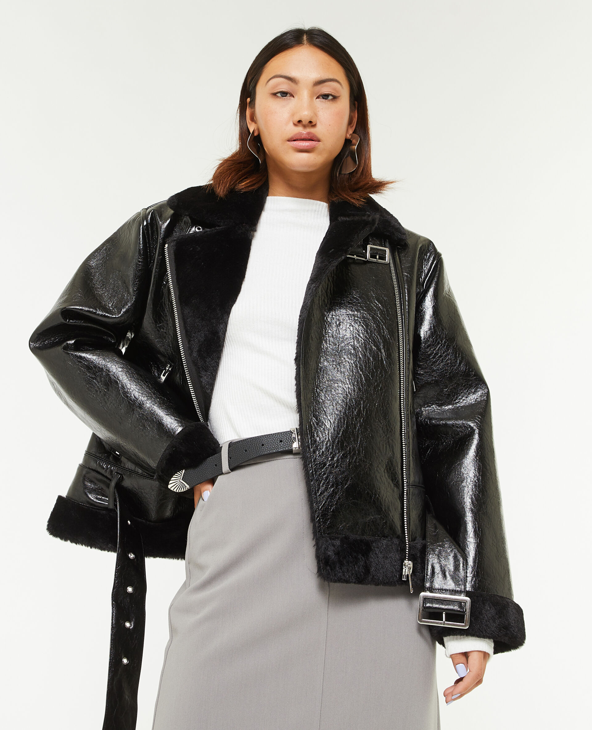Blouson faux cuir avec doublure fourrure - Noir