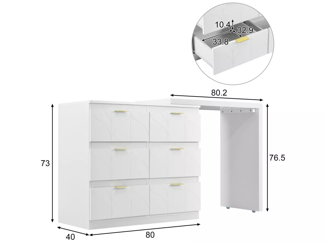 Coiffeuse pivotante contemporaine scandinave avec 6 tiroirs - décorée de motif fleuri - Blanc