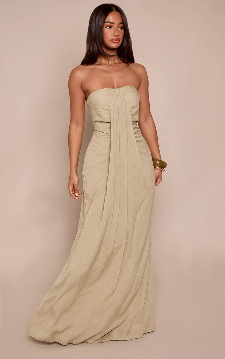 Vert Olive Robe Longue Colonne À Bustier Drapé - Petite