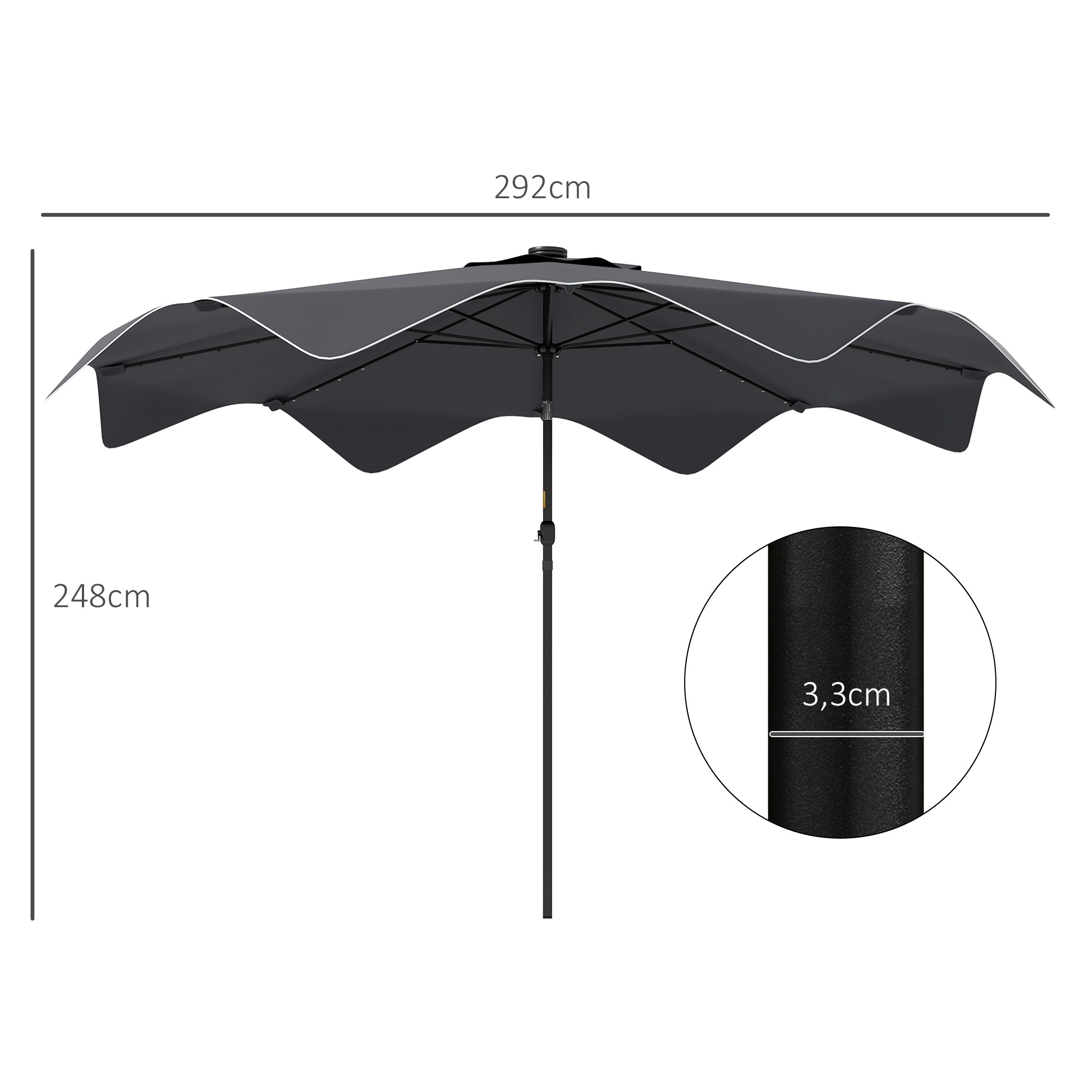 Guarda-sol de jardim Outsunny Ø292x248 cm, manual, para terraço, com 32 luzes LED solares, 8 varetas, impermeável e com grelha de ventilação para pátio e varanda, cinza escuro.