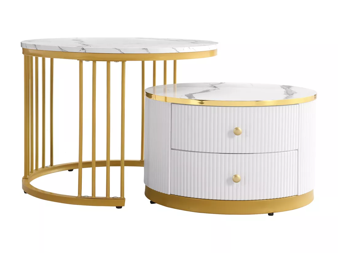 Lot de 2 tables gigognes - 2 tiroirs - plateau à motif de marbre - Blanc & Doré