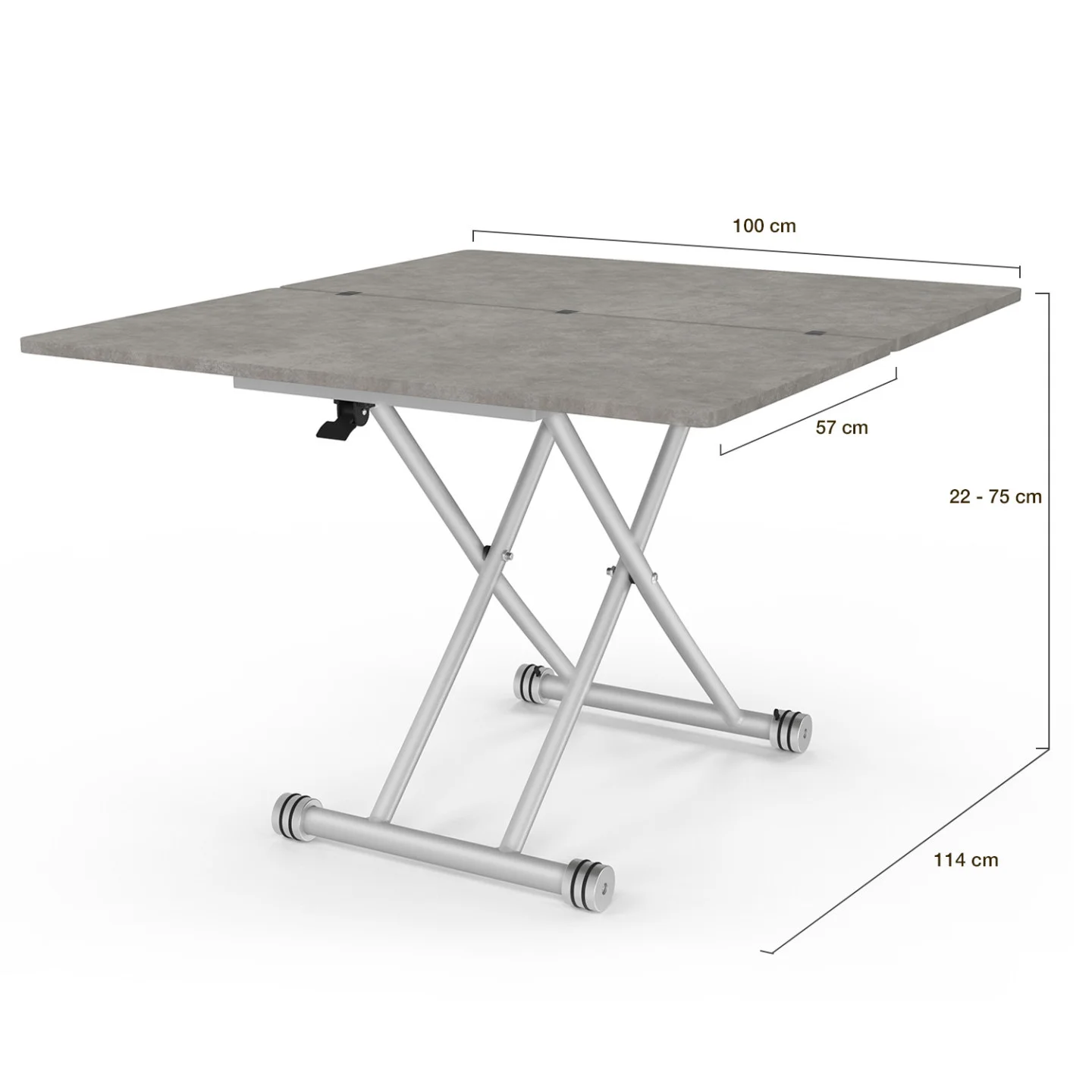 Table basse 2-en-1 relevable en table à manger 6-8 personnes plateau portefeuille URBANA plateau effet béton