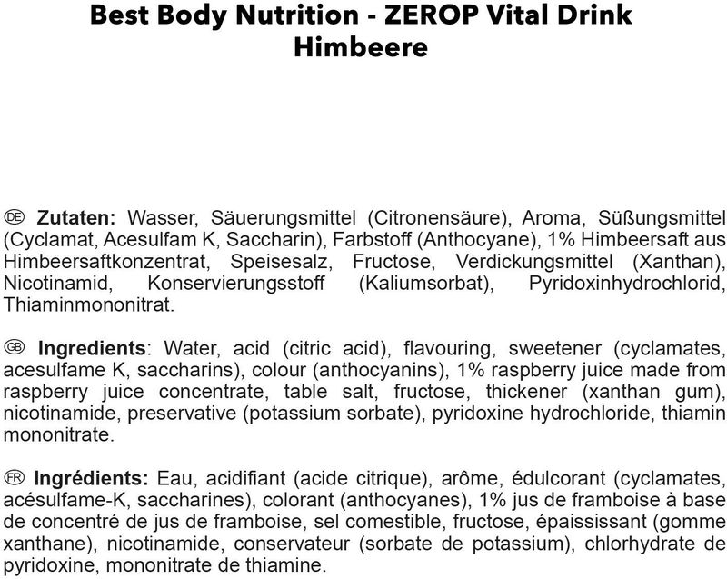 Best Body Nutrition - Vital Drink Zero - Framboos - 1000 ml - Suiker- en aspartaamvrij