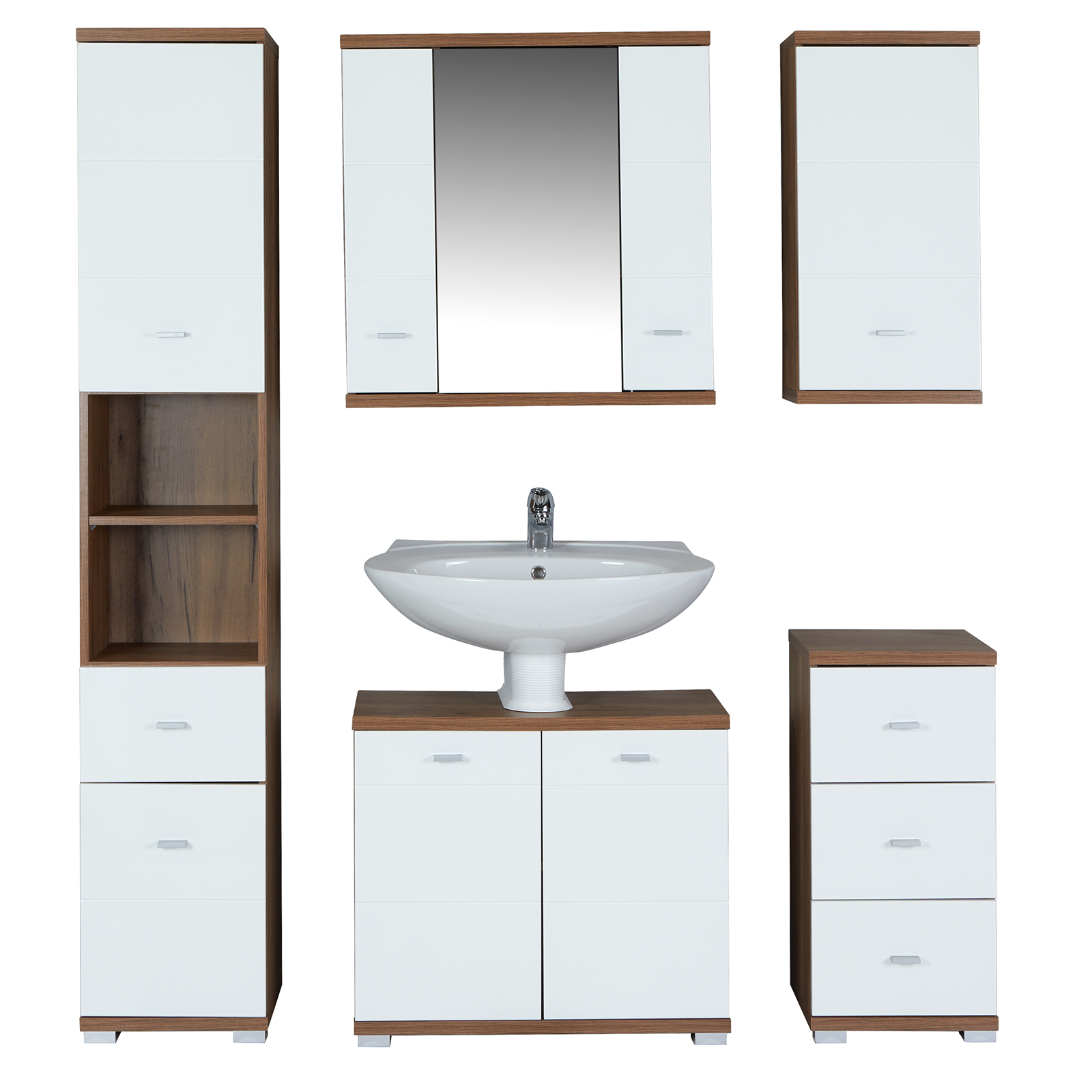 Spiegelschrank - Eiche Kraft dunkel-weiß Hochglanz - 70 cm