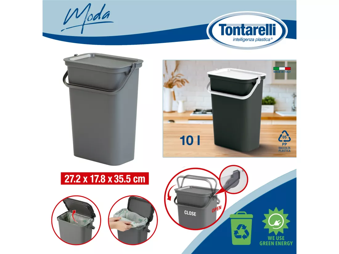 Set de 3 poubelles avec poignée graphite, sauge et blanc 10L 27,5X17,6X35,5