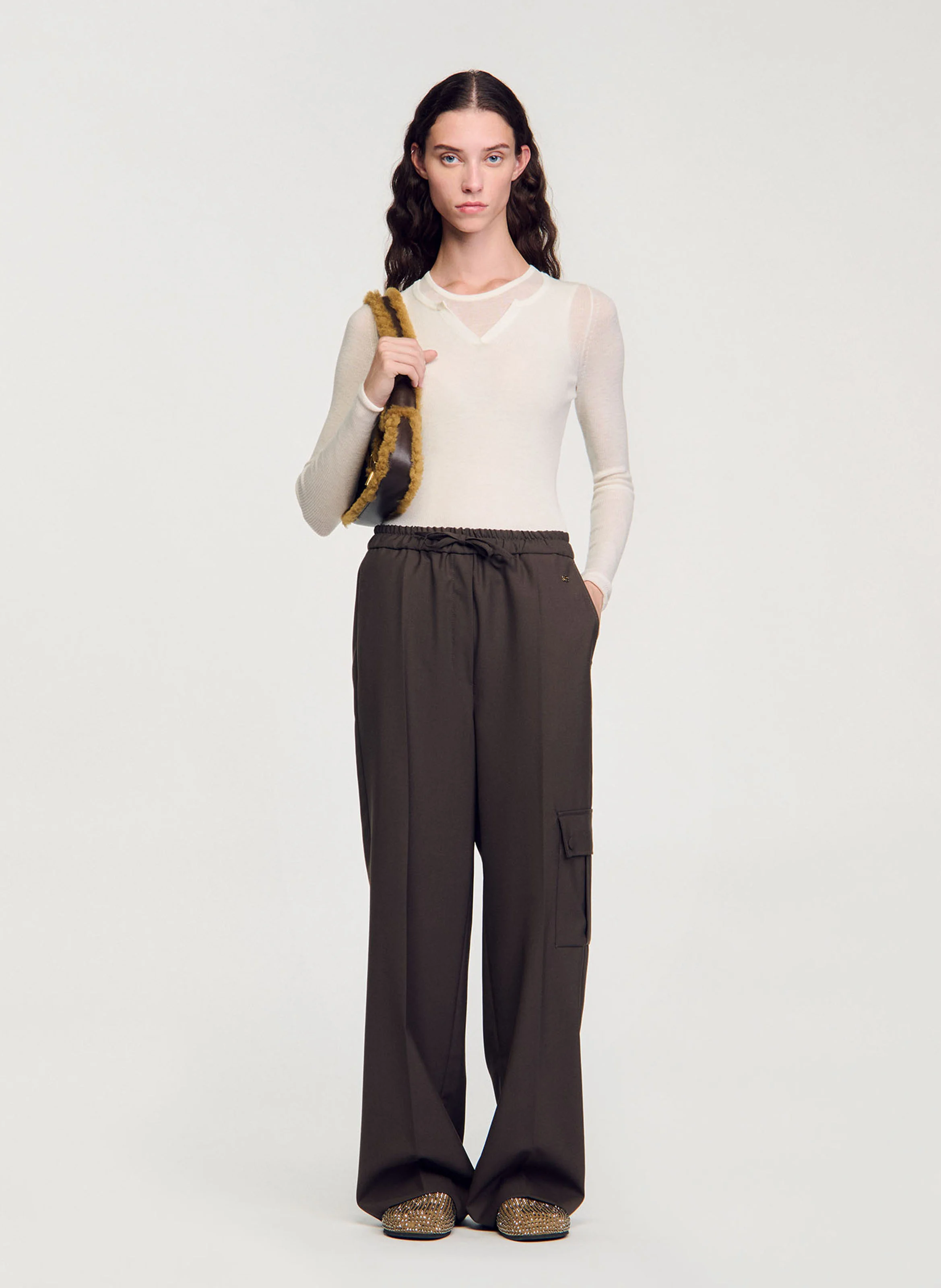 Pantalon droit en laine mélangée | Marron