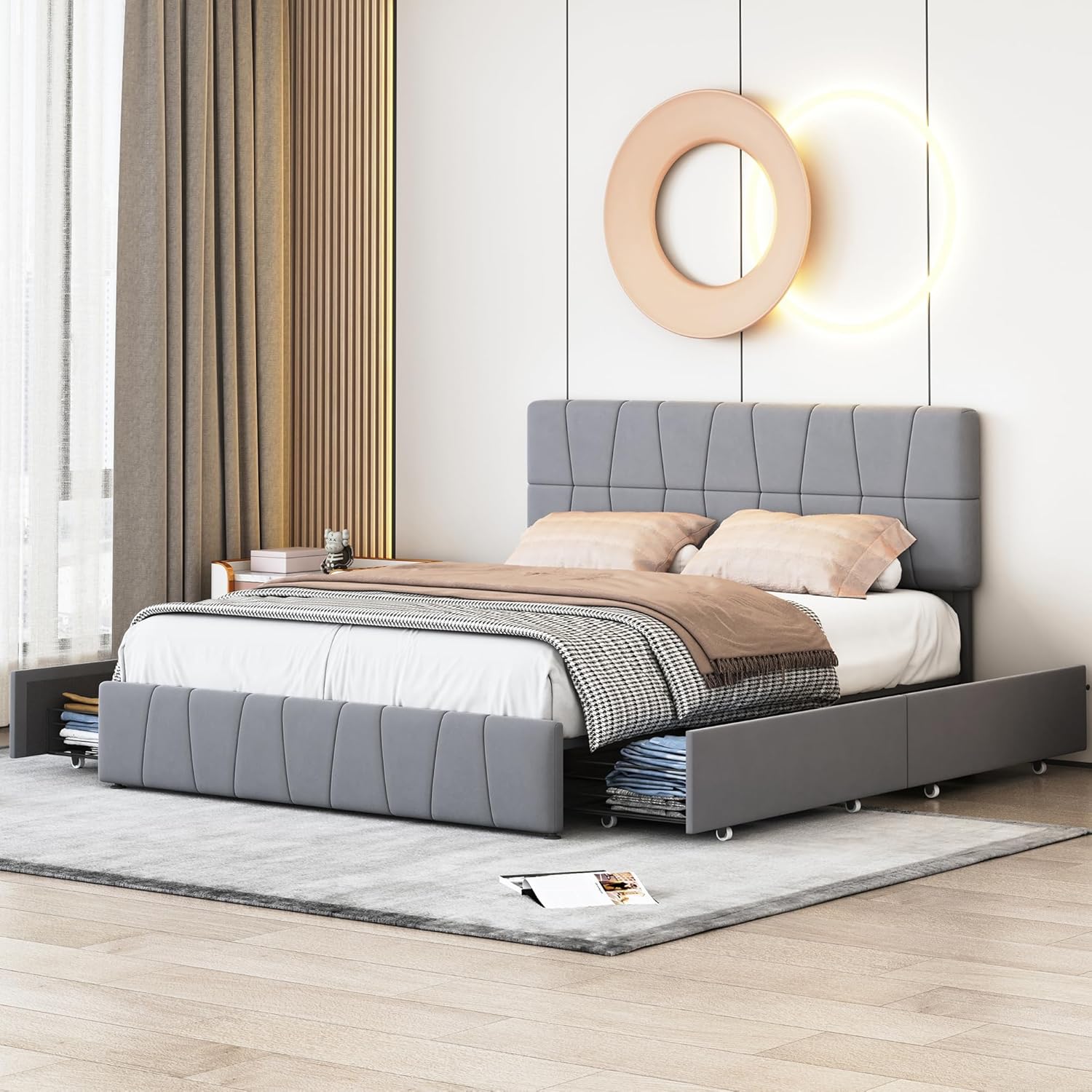 Bett mit Stauraum 160x200 cm mit 4 Schubladen, Polsterbett Doppelbett mit Verstellbares Kopfteil, Jugendbett mit Stauraum und Lattenrost, Funktionsbett Bettgestell, Samt (Grau-Samt, 160x200cm)