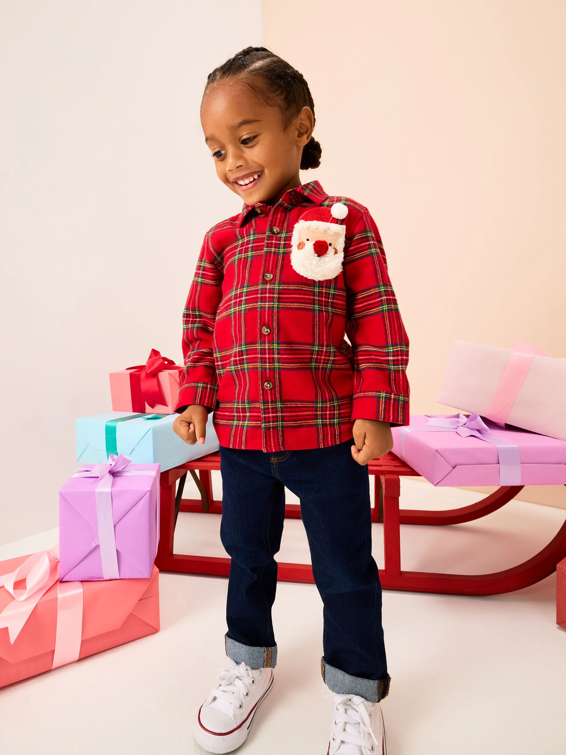 Rood met Schotse ruit - Long Sleeve Christmas Check Character Shirt (3mths-10yrs)