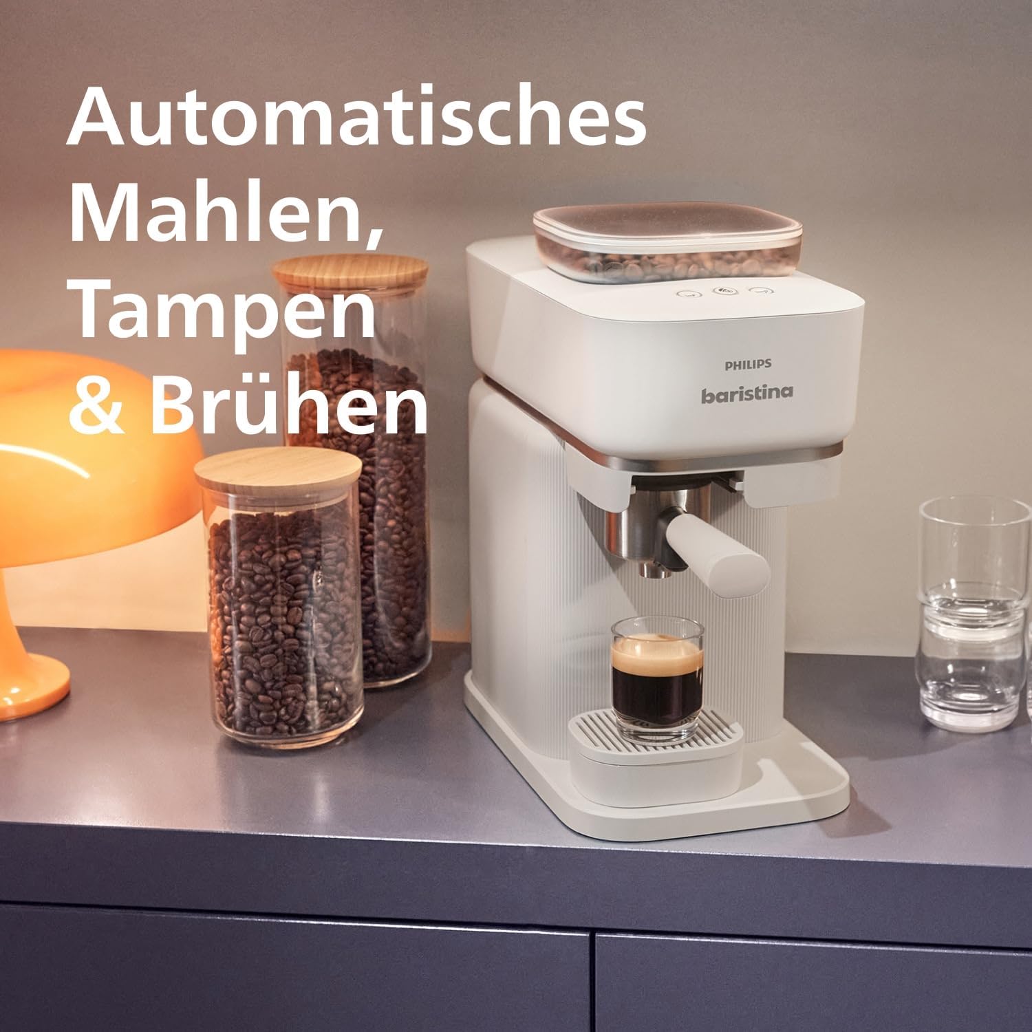 Philips Baristina Espressomaschine und Milchaufschäumer Paket – Automatisches Mahlen, Tampen & Brühen, 16 Bar, Kaffeemaschine mit Mahlwerk & Siebträger, leichte Reinigung, Naturweiß (BAR303/00)