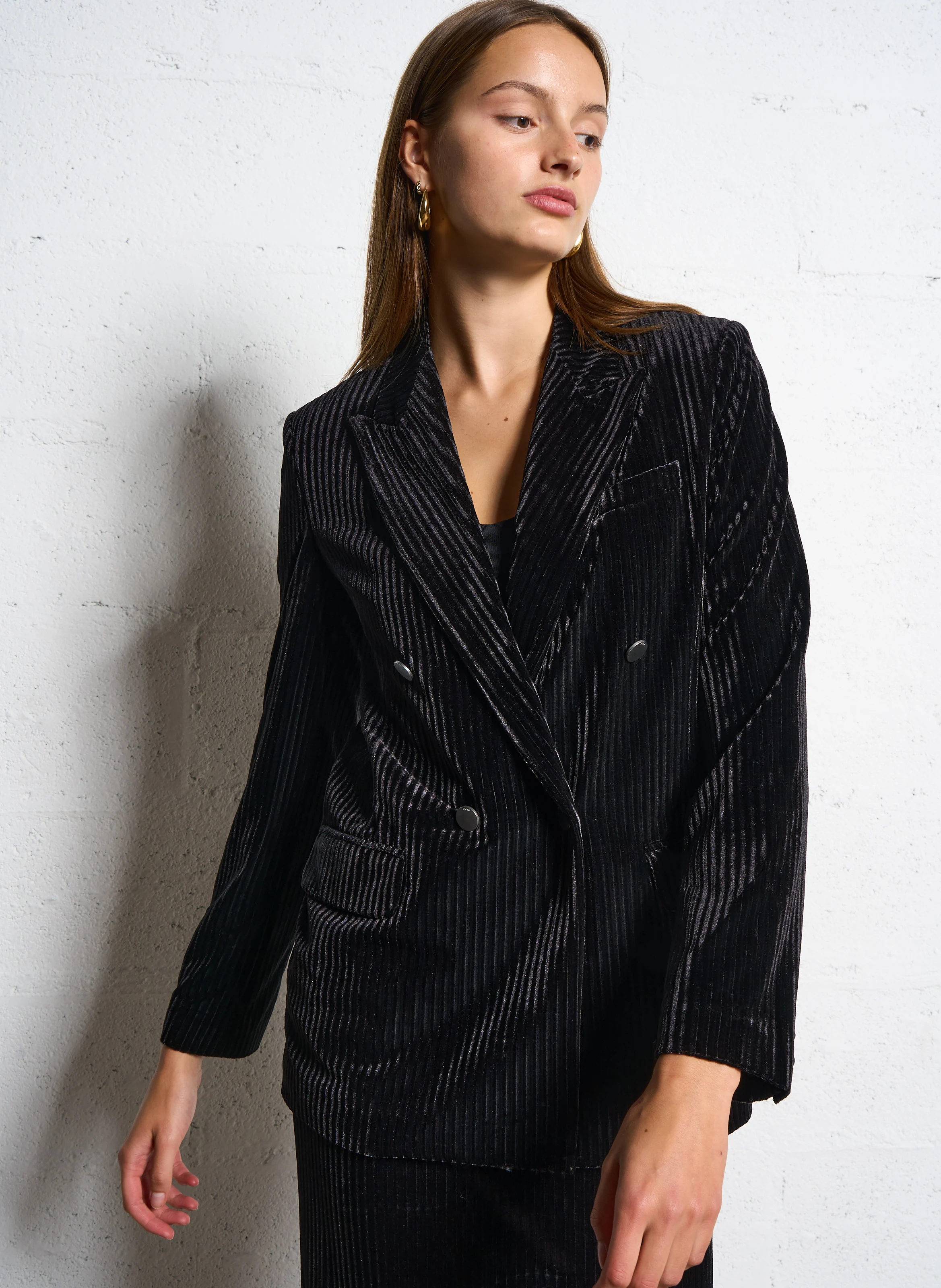 Veste tailleur en velours rayé | Noir