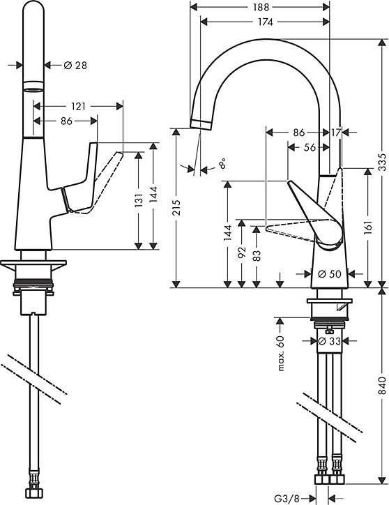 Mitigeur de cuisine chromé Hansgrohe Talis M51 H. 335 cm