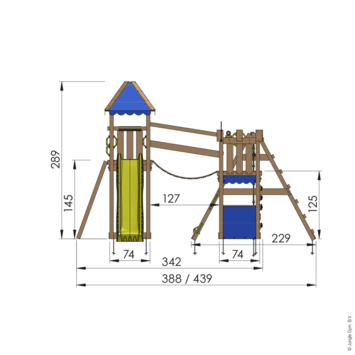 Speeltoestel Jungle Gym Explorer met groenen glijbaan en klimrek van grenenhout