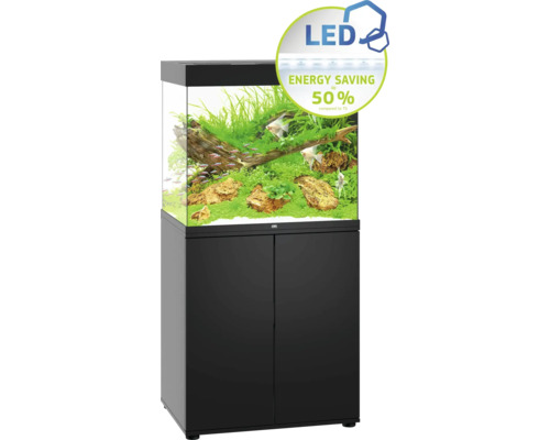 JUWEL Lido 200 SBX aquariumcombinatie met LED-verlichting, verwarming, filter en zwarte kast inclusief starterset met omgekeerde osmose-installatie, Easy Life verzorgingsset, tropische voeding, grind, Deponit Mix, digitale thermometer, grindzuiger, p