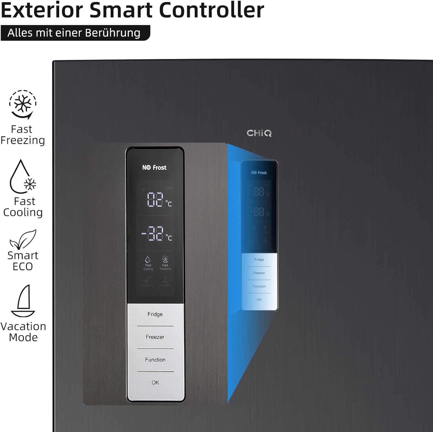 CHIQ Kühlschrank mit Gefrierfach | Total No Frost | 356 L | 200 cm Höhe | 63,5 cm Tiefe | 196kWh/Jahr | Fast Cooling | Vacation Mode | Twin Control | Leise 35dB | LED-Touch-Display | FBM351NEI42