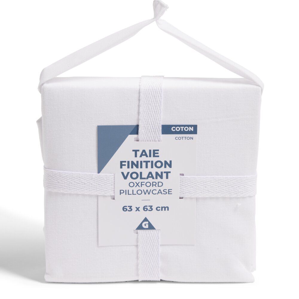 Taie d'oreiller 63x63cm 100% coton finition volant blanc