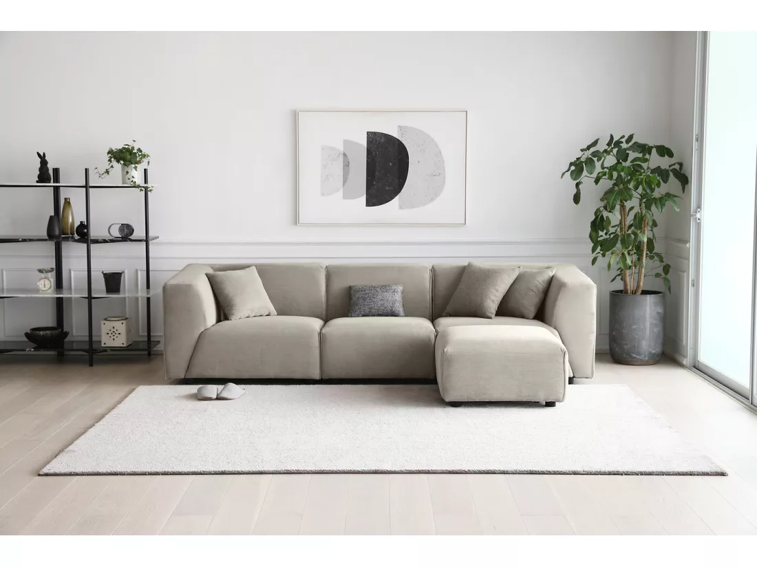 Canapé modulable 3 places + 1 pouf velours côtelé gris clair MONROE