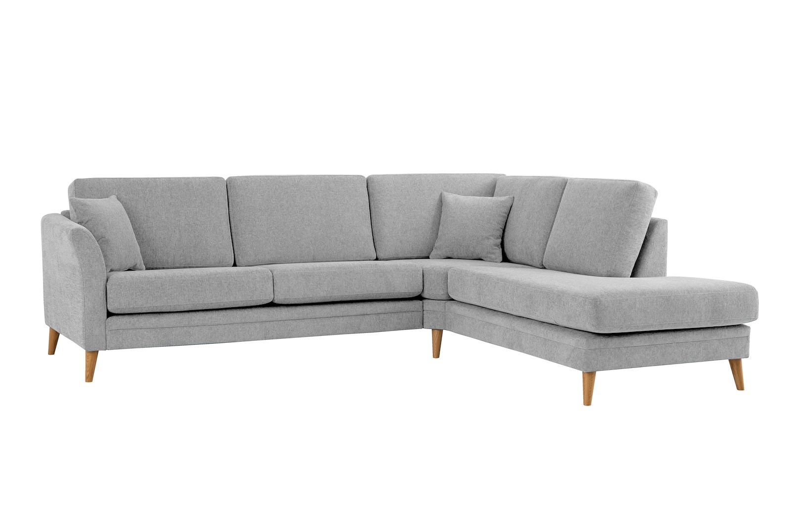 Eden hjørnesofa 2,5-seter med åpen ende høyre. Tekstil Thor 3/1 Light Grey med ben i eik natur (15137).