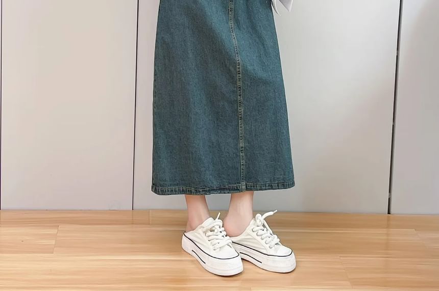 Aigan - Henley denim maxi-overhemdjurk met korte mouwen