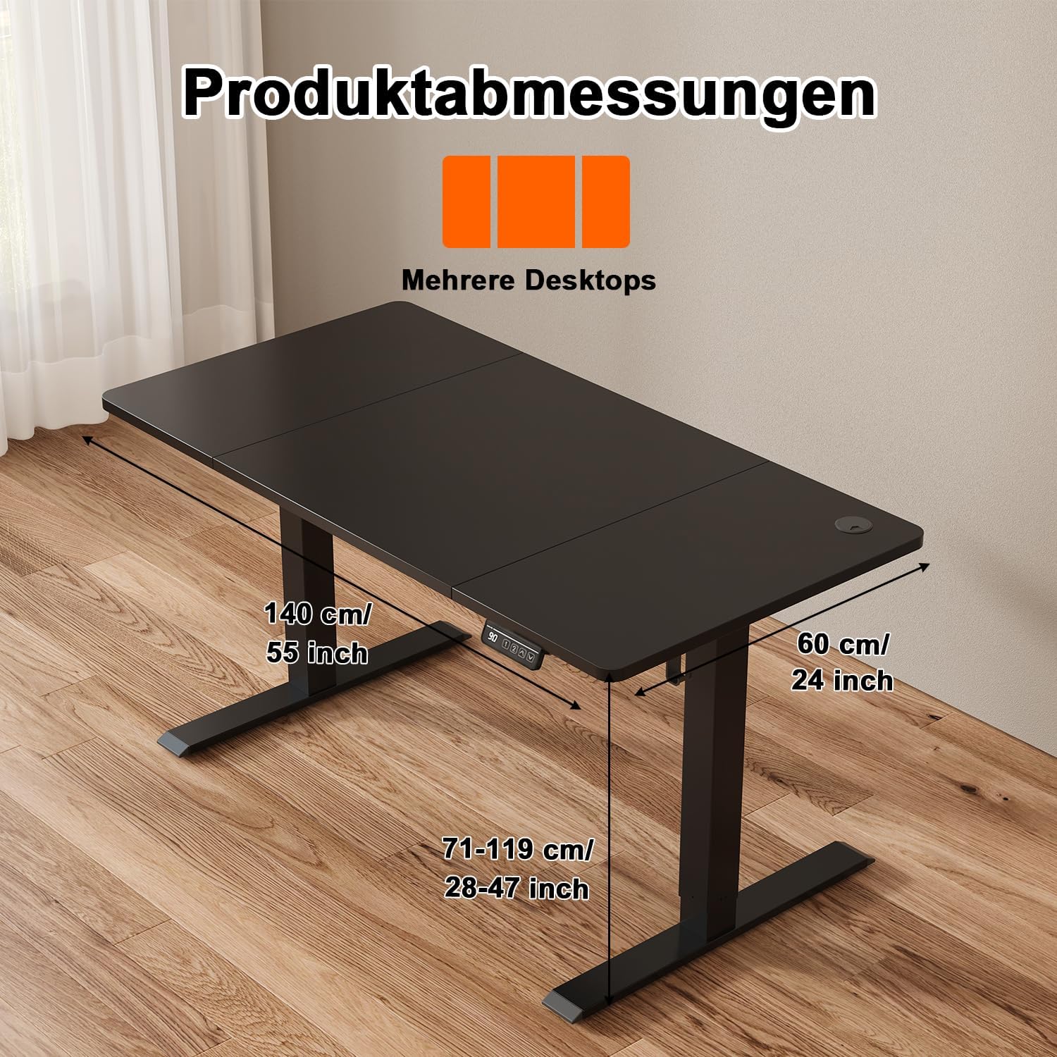 JUMMICO HöHenverstellbarer Schreibtisch Standing Desk Elektrischer Schreibtisch Höhenverstellbar mit Memory-Funktion 140 x 60 cm,Schwarz