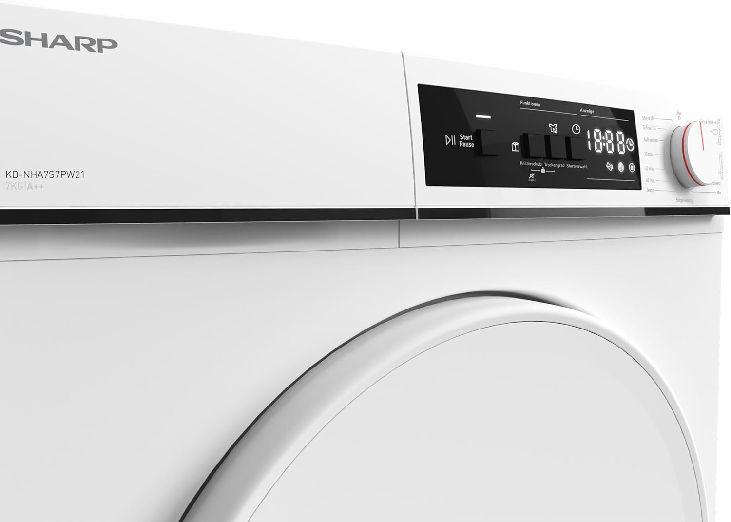 Sharp KD-NHA7S7PW21-DE Wärmepumpentrockner Frontlader, E, 7 kg, 15 Programme, 30 Min. Kurzprogramm, Schontrommel, LED-Innenbeleuchtung, Kindersicherung, Weiß