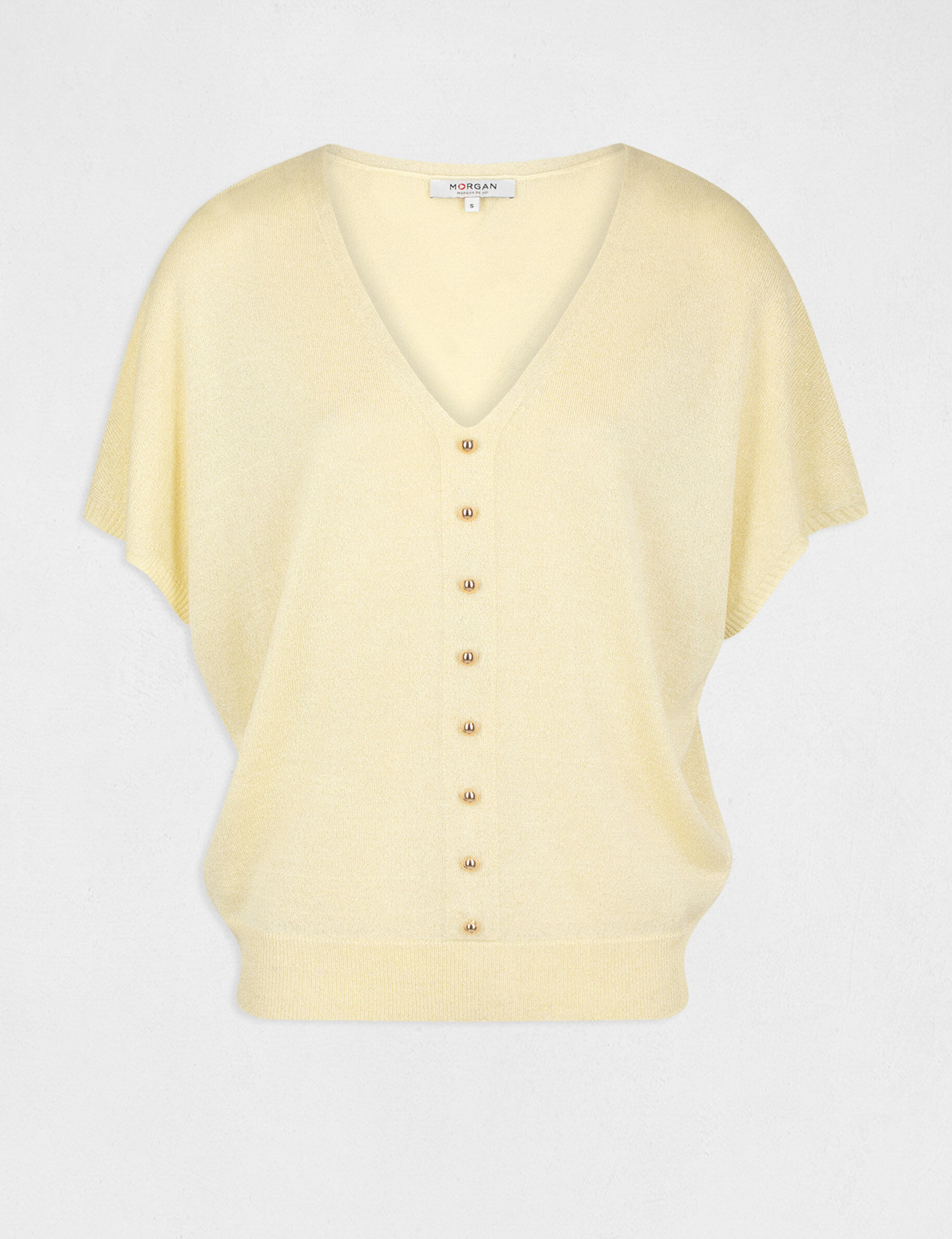 Pull manches courtes avec boutons jaune paille femme - jaune_paille