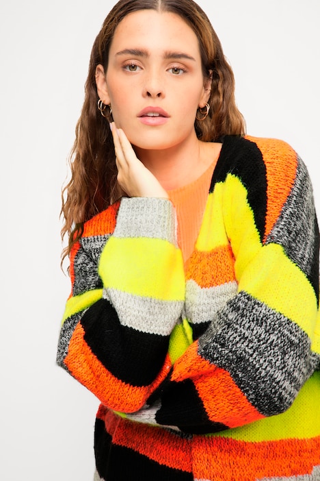Strickjacke, oversized, Streifen, V-Ausschnitt, Langarm