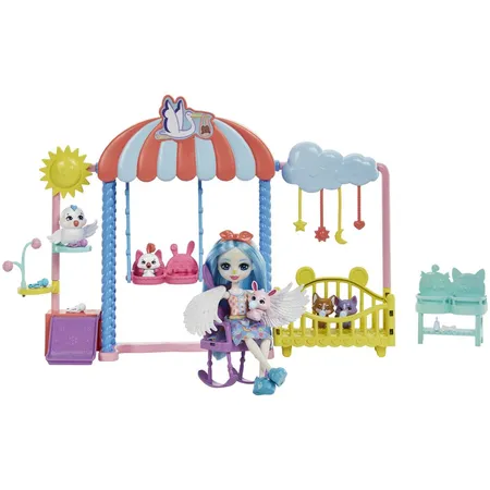 Mattel Enchantimals City Tails Tier-Kindergarten Set, Starley Stork Puppe & Figuren