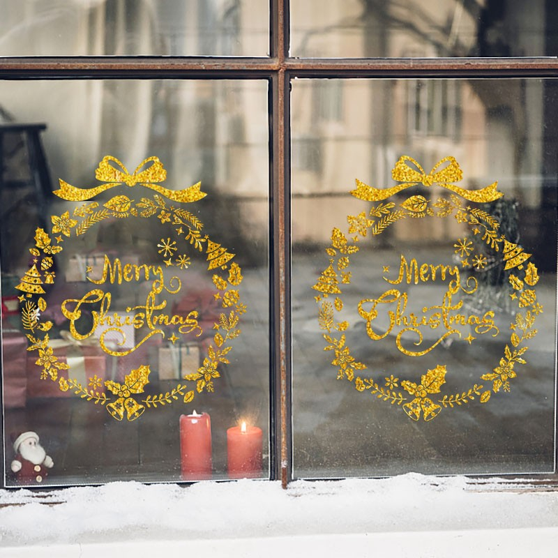 (2er Set) Weihnachtskranz Fenster Aufkleber Fenstersticker Folie Weihnachtsdekoration - Gold
