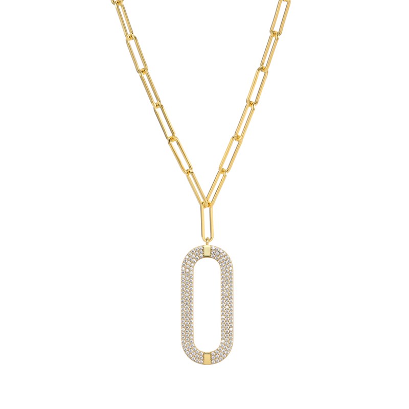 Collier Argent Doré Ovale Sertie De Zirconiums Blanc