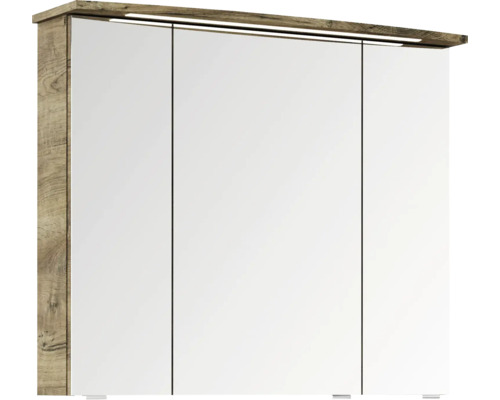 Badkamermeubelset Pelipal serie 4010, afmetingen (B x H x D): 84 x 200 x 45 cm, fronten in eikenhouten look, Ribbeck badkamermeubelset met 4 delen, inclusief witte keramische wastafel, keramische wastafelkast en spiegelkast met ledverlichting.