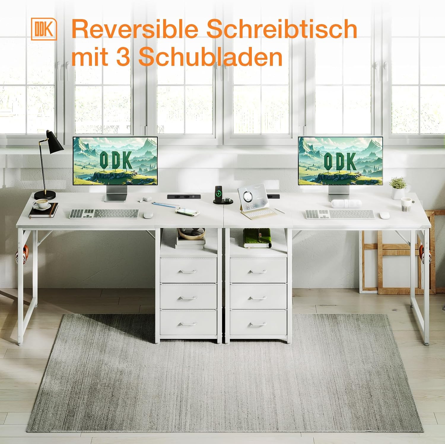 ODK Schreibtisch mit 3 Schubladen aus Stoff, 120x48x75,5 cm Computertisch mit 2 Steckdosen und USB-Buchsen, Umkehrbarer PC Tisch Bürotisch für Home Office, Weiß