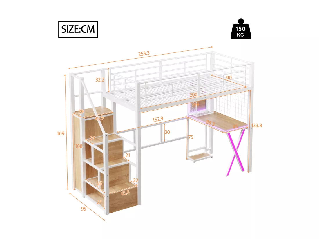Lit mezzanine 90 x 200 cm avec bureau, penderie, étagères - Lumière d'ambiance - Métal - Blanc (sans matelas)