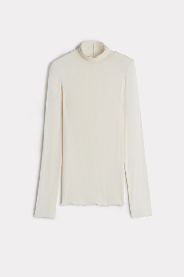 Camiseta de manga comprida com gola alta em cashmere modal ultraleve