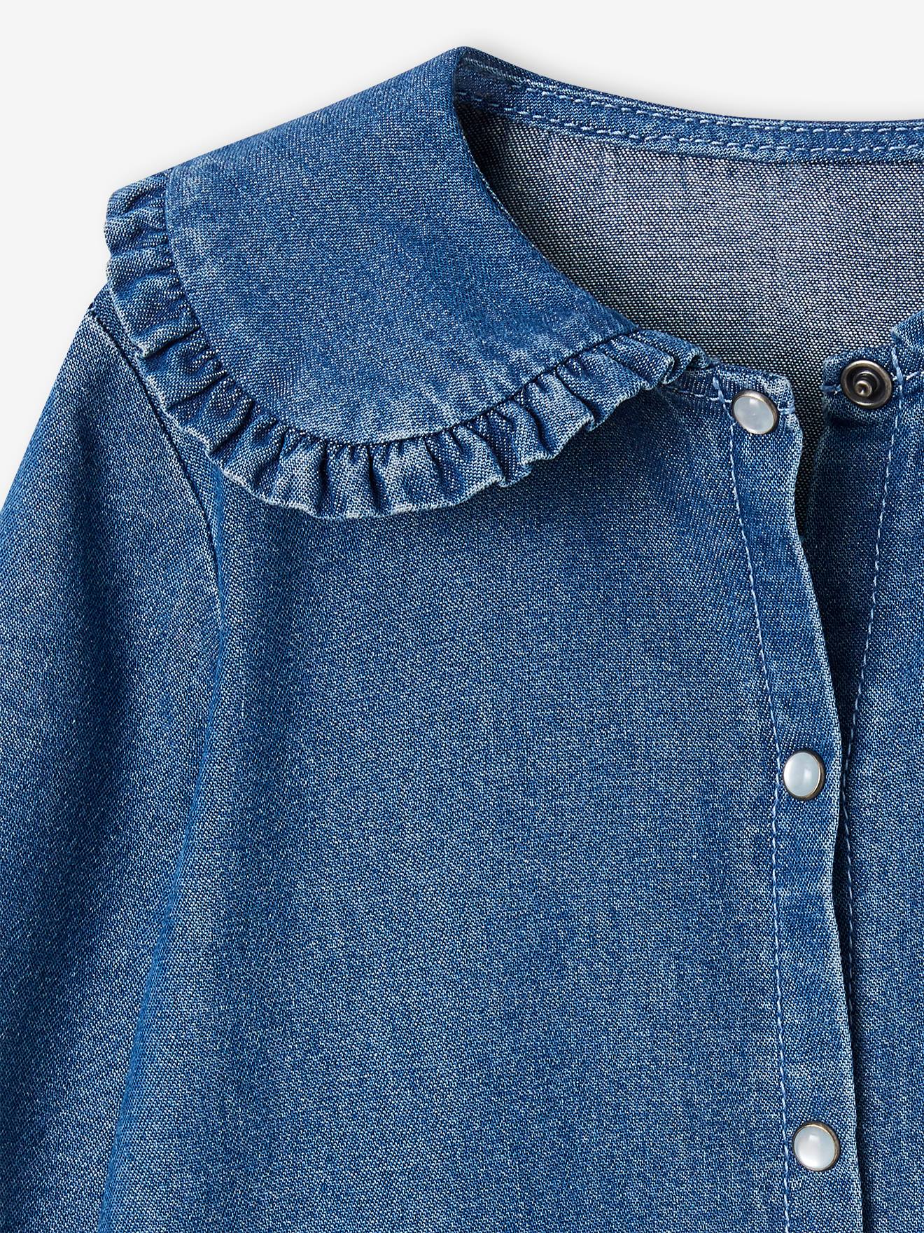 Blusa jeans com gola Peter Pan grande e babado para meninas (cor pedra)
