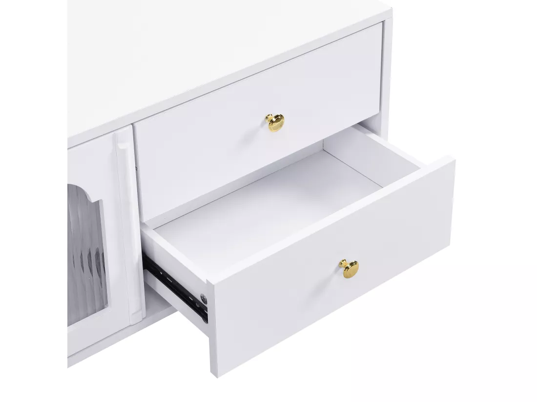 Meuble TV 170cm - 4 tiroirs et 2 portes - poignées et pieds dorés - Blanc