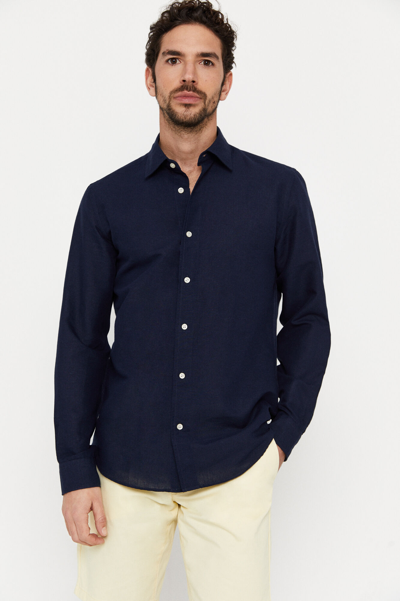 Camisa lisa algodón lino - Azul marinho
