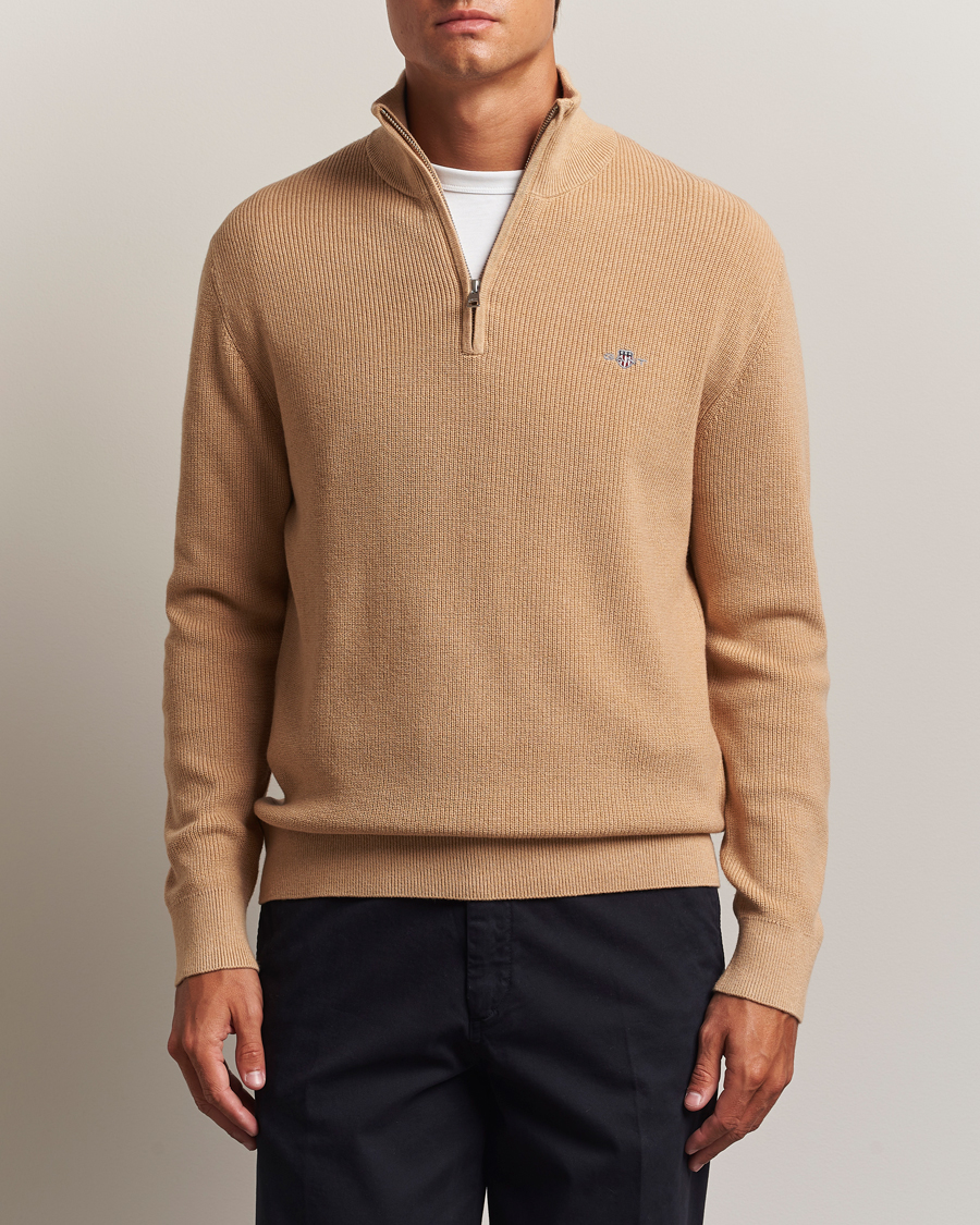 GANT Cotton/Merino Ribbed Half Zip Khaki Melange