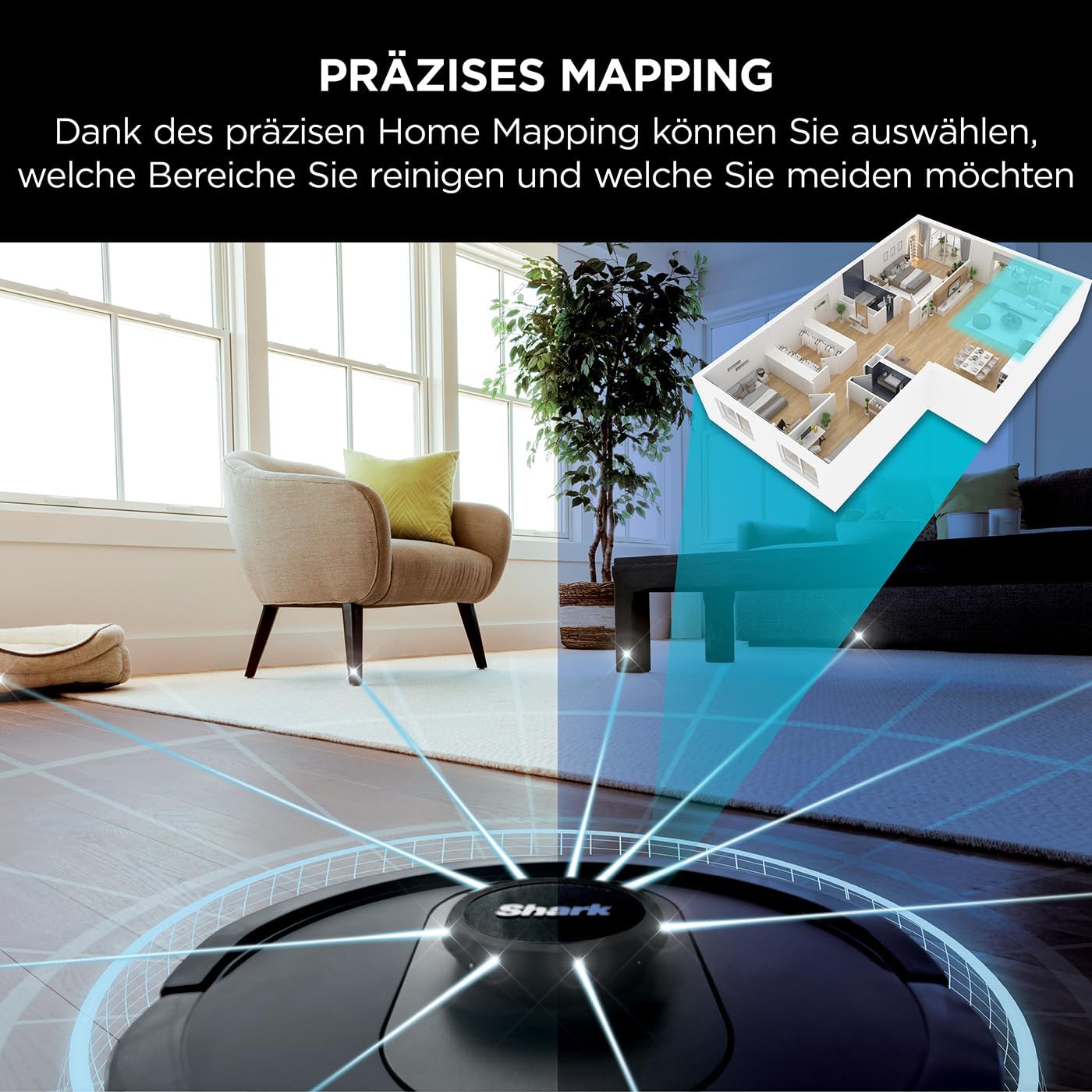 Shark AI 360 Saugroboter, selbstentleerender Staubsauger-Roboter, geeignet für alle Teppiche und Hartböden, Roboterstaubsauger, 120 Min Laufzeit, manuelle und App-Steuerung, Schwarz/Silber, RV2500SEU