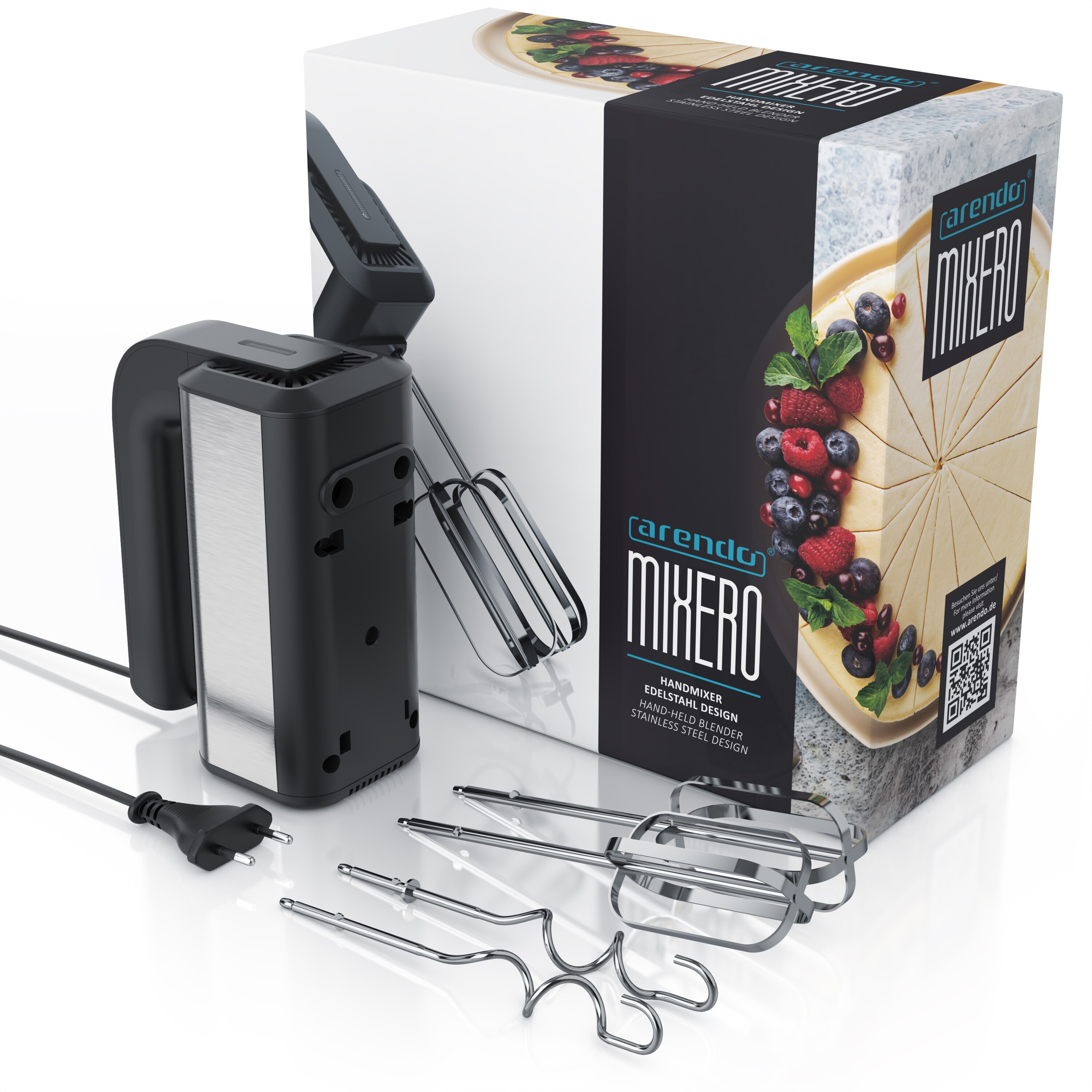 Arendo Elektrischer Handmixer - Handrührgerät Handrührer - 5 Geschwindigkeiten -inkl. 2 Rührbesen und 2 Knethaken aus Edelstahl - Soft Touch Gehäuse