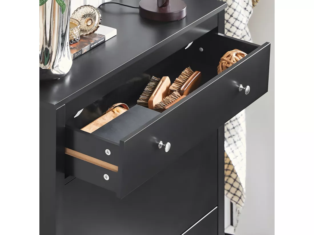SoBuy Armoire à Chaussures Commode à Chaussures Meuble de Rangement à Chaussures 2 abattants Meuble d'entrée Coffre Rangement pour Chaussures avec Un Grand Tiroir Noir – 80x25x108 cm, FSR89-SCH