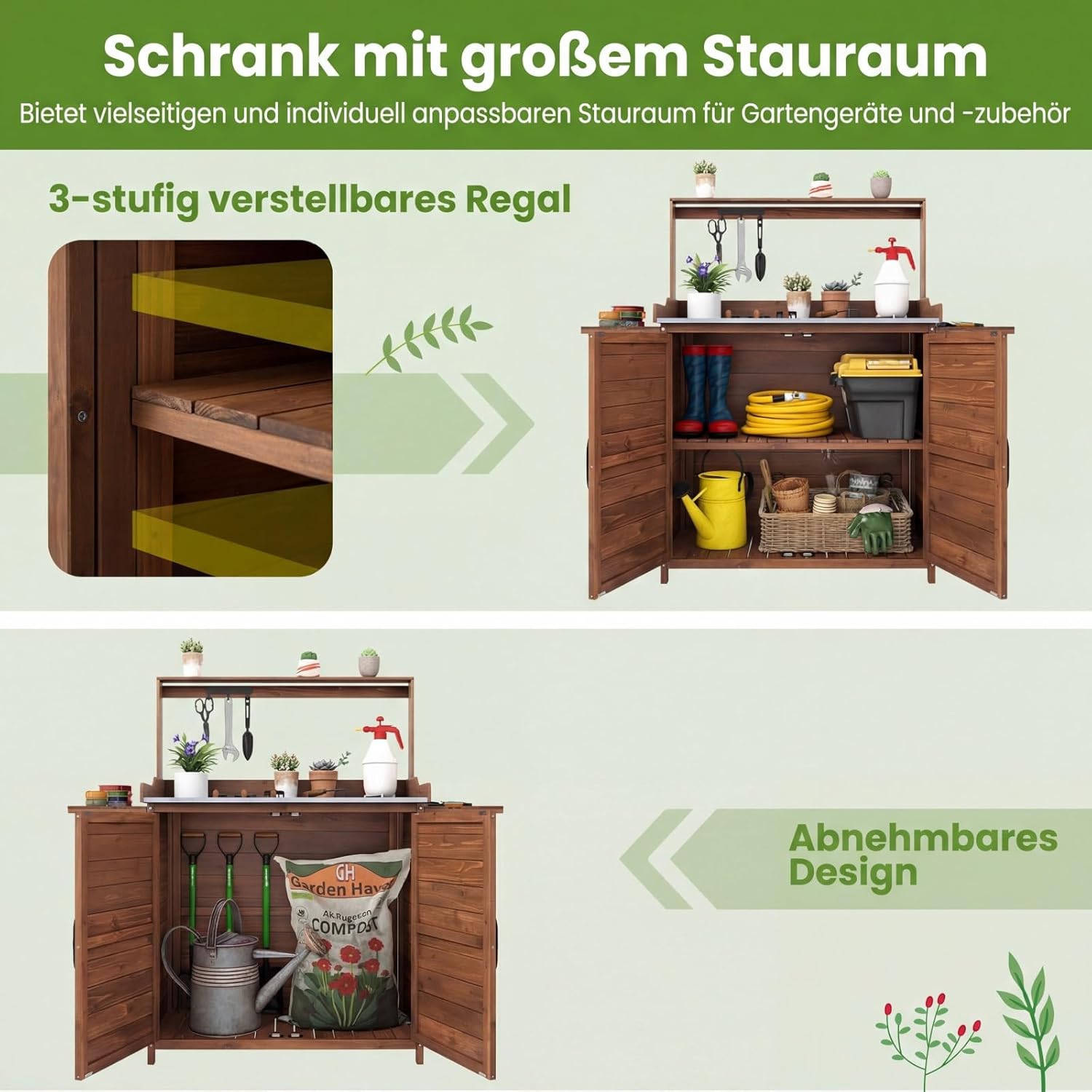 COSTWAY Pflanztisch Outdoor wetterfest, Gärtnertisch Holz, Blumentisch mit Unterschrank & verzinkter Arbeitsplatte & klappbarer Seitentische, Gärtnertisch für Garten Terrasse Hof, 138x47x128cm, Braun