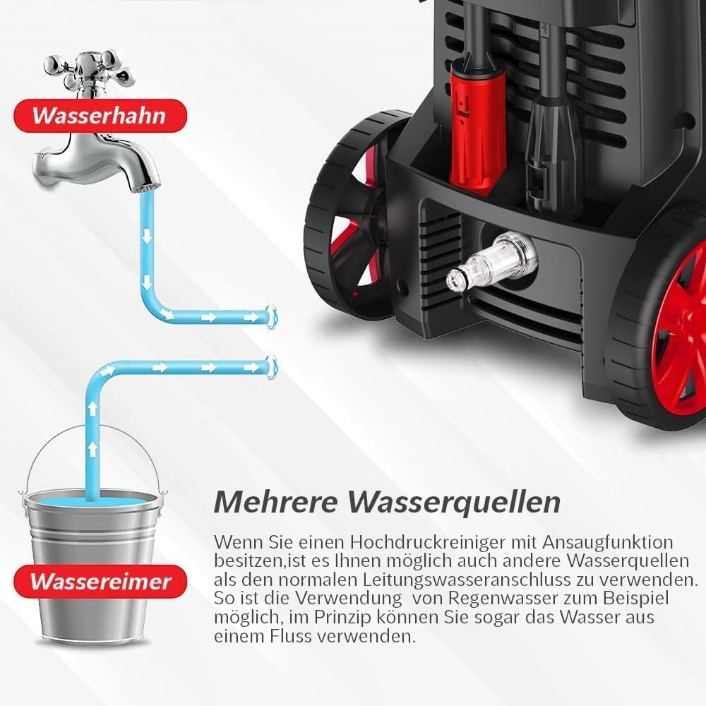 LEHMANN Hudson Hochdruckreiniger mit Aluminiumpumpe, 1800 W, max. 220 bar Druck, 450 l/h Fördermenge, Zubehör - Terrassenbürste, Schaumsprüher, Felgenbürste, Ideal als Auto Hochdruckreiniger