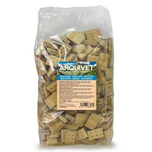 Biscoitos para cães em formato de sanduíche, sabor natural.