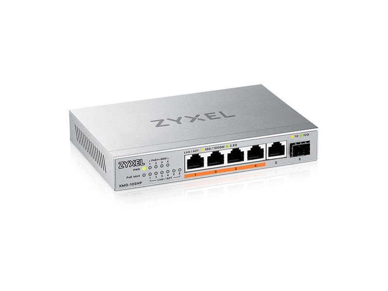 Zyxel PoE   Switch XMG-105HP 6 Port Hochleistungs-2.5G Unmanaged Switch mit 10G Uplink – Effizienz für professionelle Netzwerkanforderungen