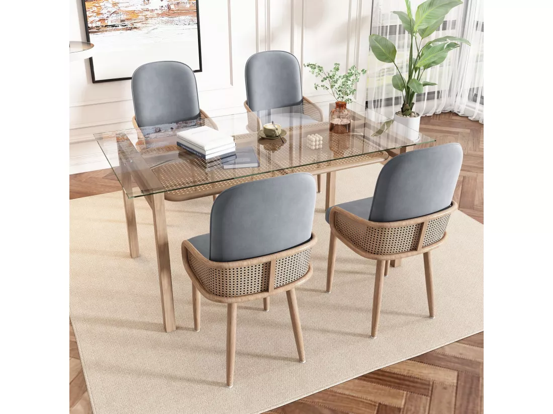 Lot de 6 chaises en métal et rotin, pieds en métal grain de bois, 45x43x90cm, Gris