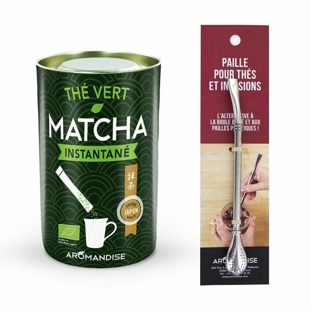 Thé vert matcha instantané en sticks + paille inox avec filtre