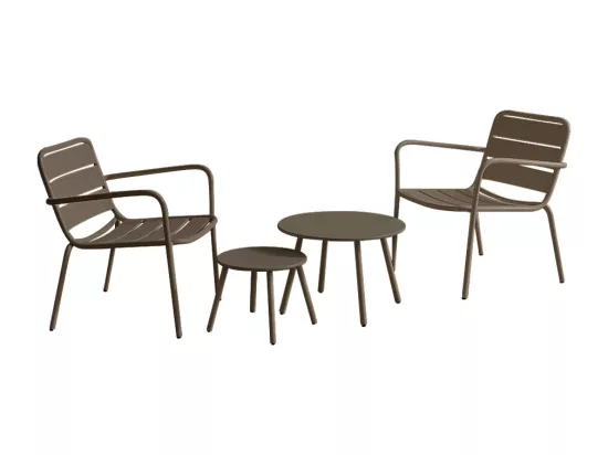 Salon de jardin en métal - 2 fauteuils bas empilables et tables gigognes - Taupe - MIRMANDE de MYLIA