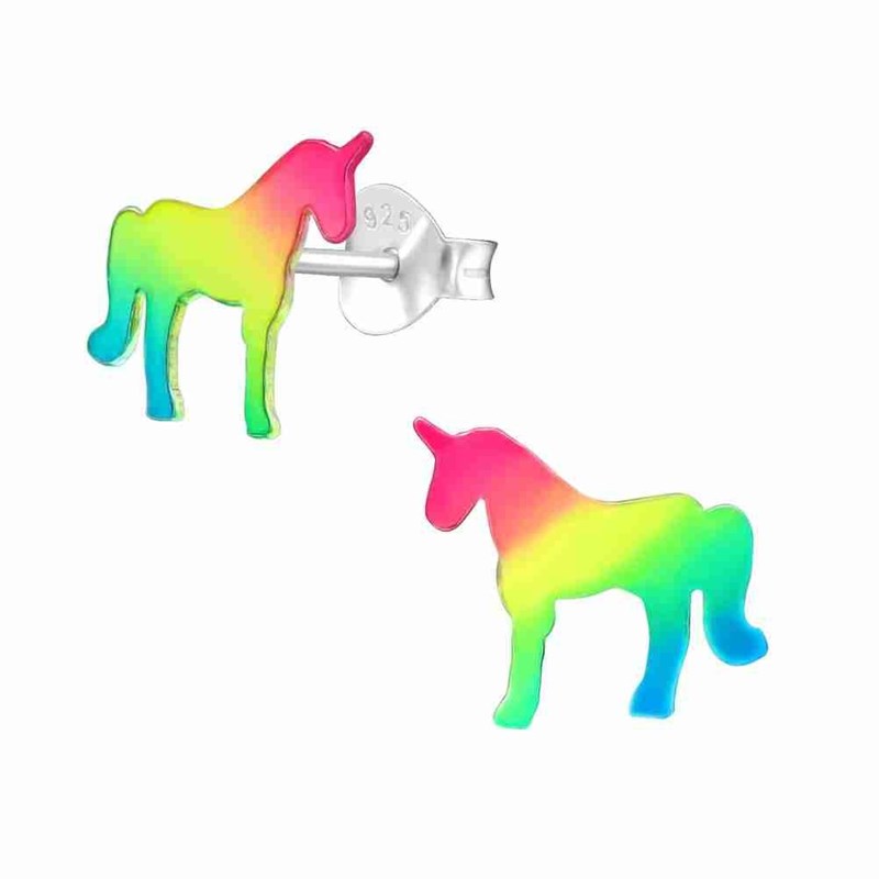 Boucle d'oreille licorne arc en ciel en argent 925/1000