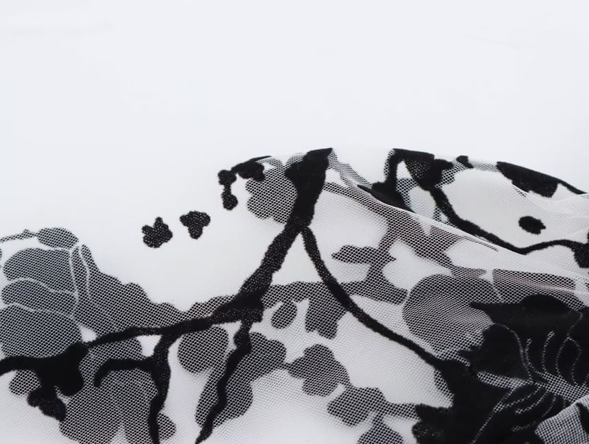 Avauntgardo - Blouse met lange mouwen, opstaande kraag, bloemenprint en doorschijnende strik aan de voorkant