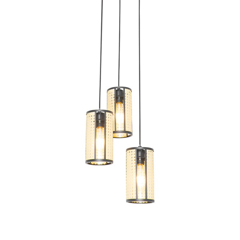 Oosterse hanglamp zwart met rotan 3-lichts rond - Akira